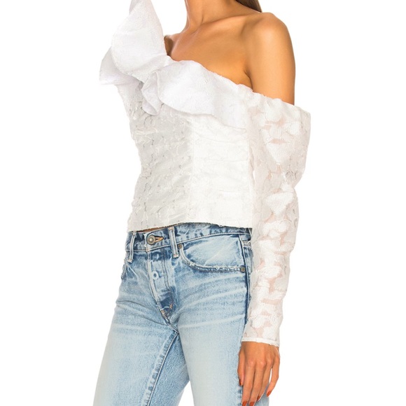 Self Portrait Floral Fil Coupe white off shoulder ruffle top 0 - Picture 2 of 11